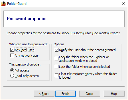 The password properties screen 