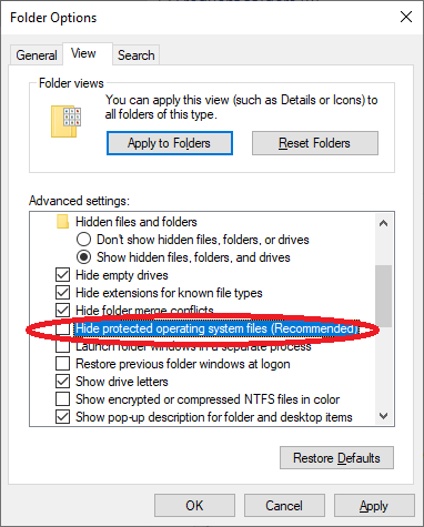 Clear the Hide protected operating system files option to display the locked folder 