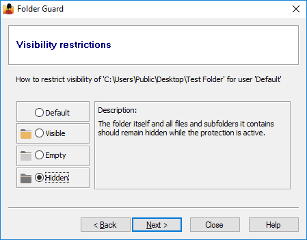 Restrict the visibility of a folder with Folder Guard software 